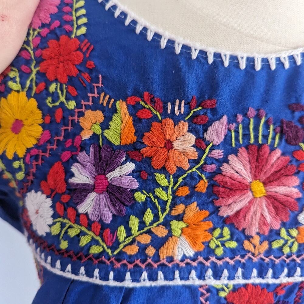 Vintage Puebla Maxi Dress Small 70s Blue Colorful Flower Basket Cotton - Picture 7 of 10